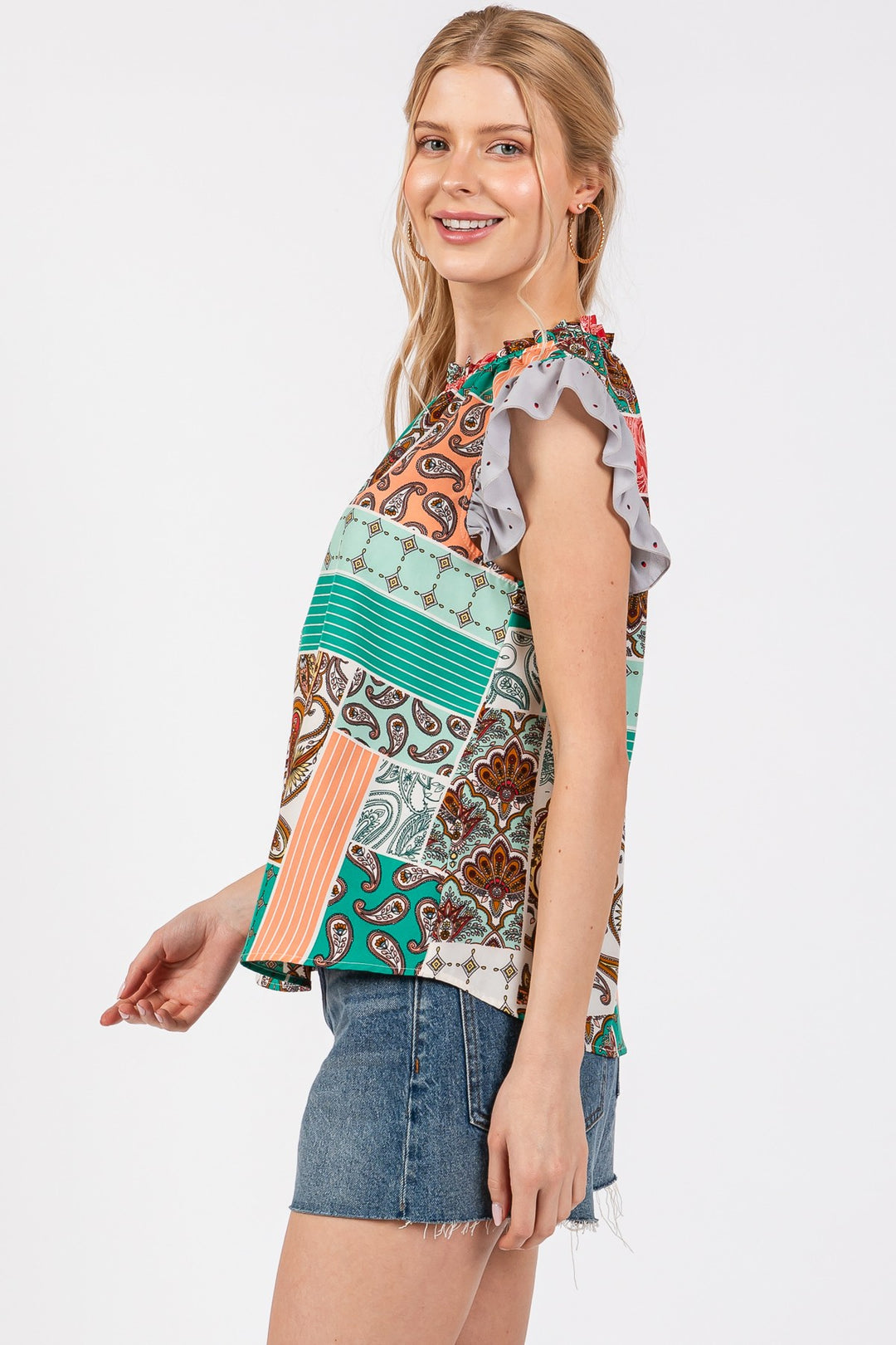 GREEN MULTI BOHEMIAN RUFFLED SLEEVELESS TOP CFTT3612NPB