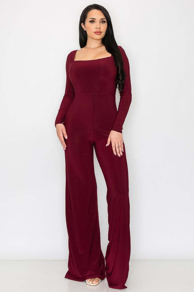 BURGUNDY LONG SLEEVES OPEN BACK STRING JUMPSUIT SP9631J