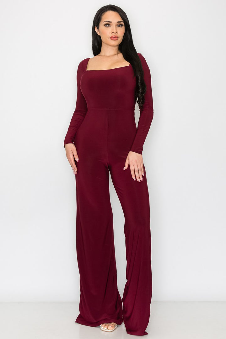 BURGUNDY LONG SLEEVES OPEN BACK STRING JUMPSUIT SP9631J