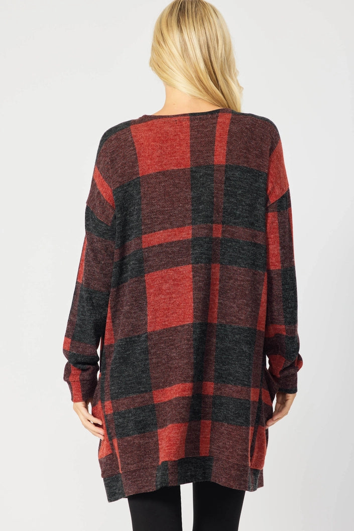 RED PLAID OPEN FRONT LONG CARDIGAN FSLSJ1001