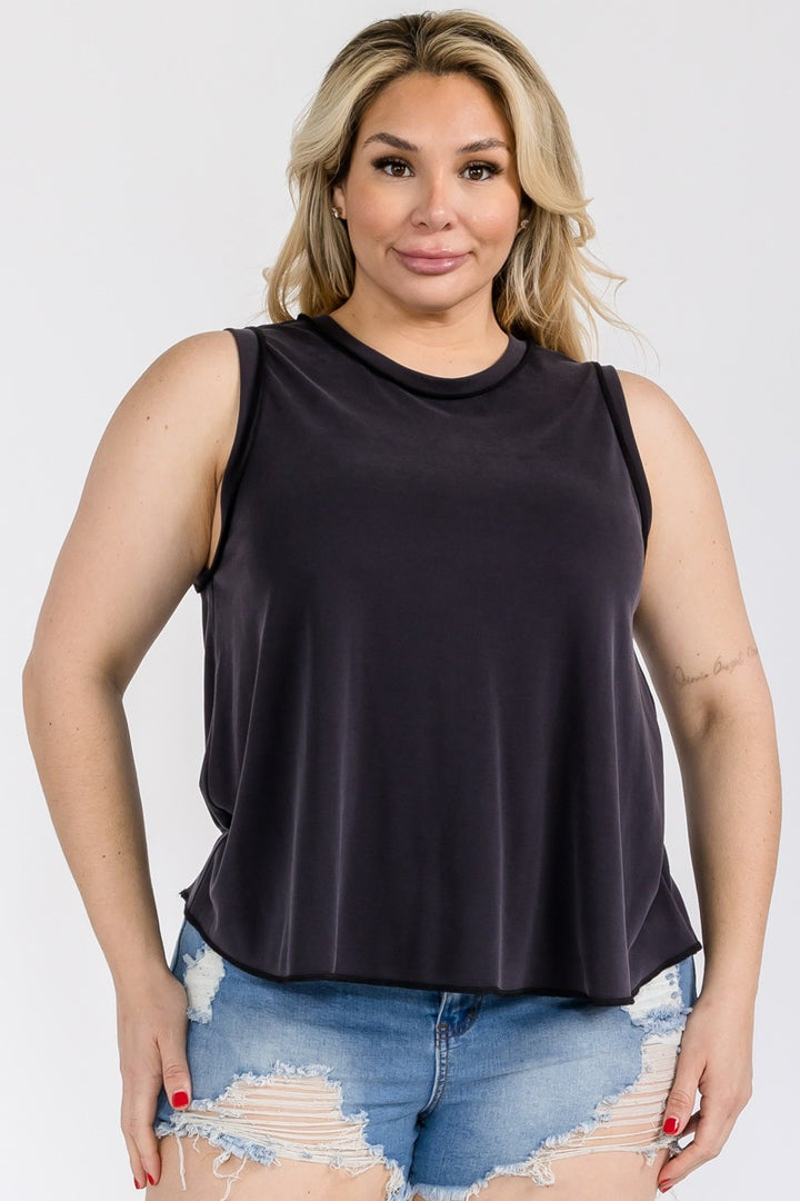 SOLID SOFT TOUCH RAW EDGE SLEEVELESS PLUS SIZE KNIT TOP PTY12793SA