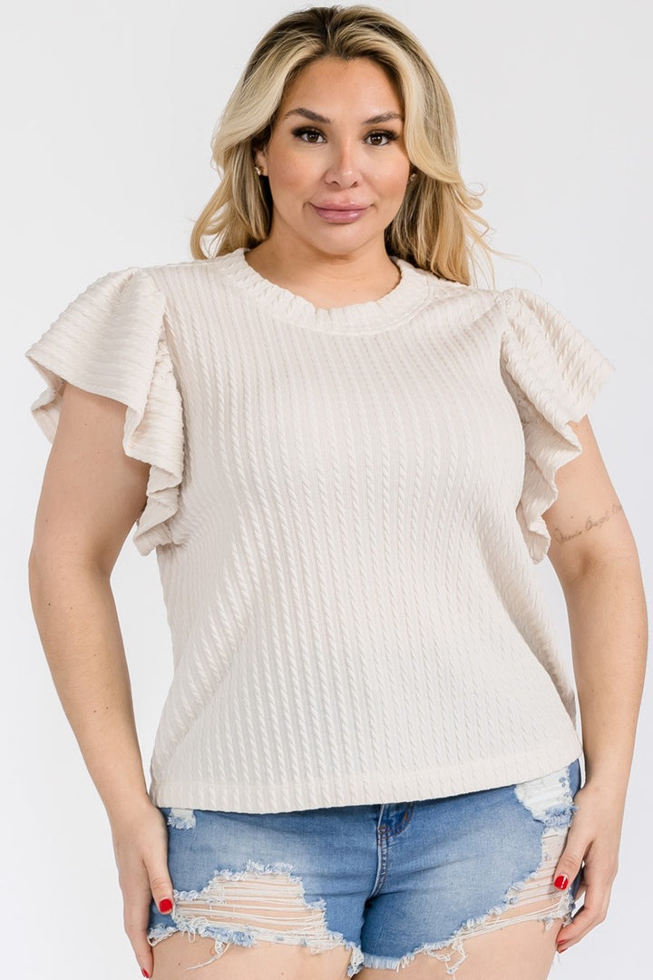 IVORY TEXTURED FLUTTER SLEEVES PLUS SIZE KNIT TOP PTY12885NSA