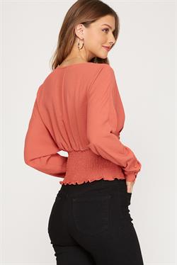 CORAL PLUNGE NECK DOLMAN SLEEVES SMOCKED WAISTBAND  WOVEN TOP S8SS7298