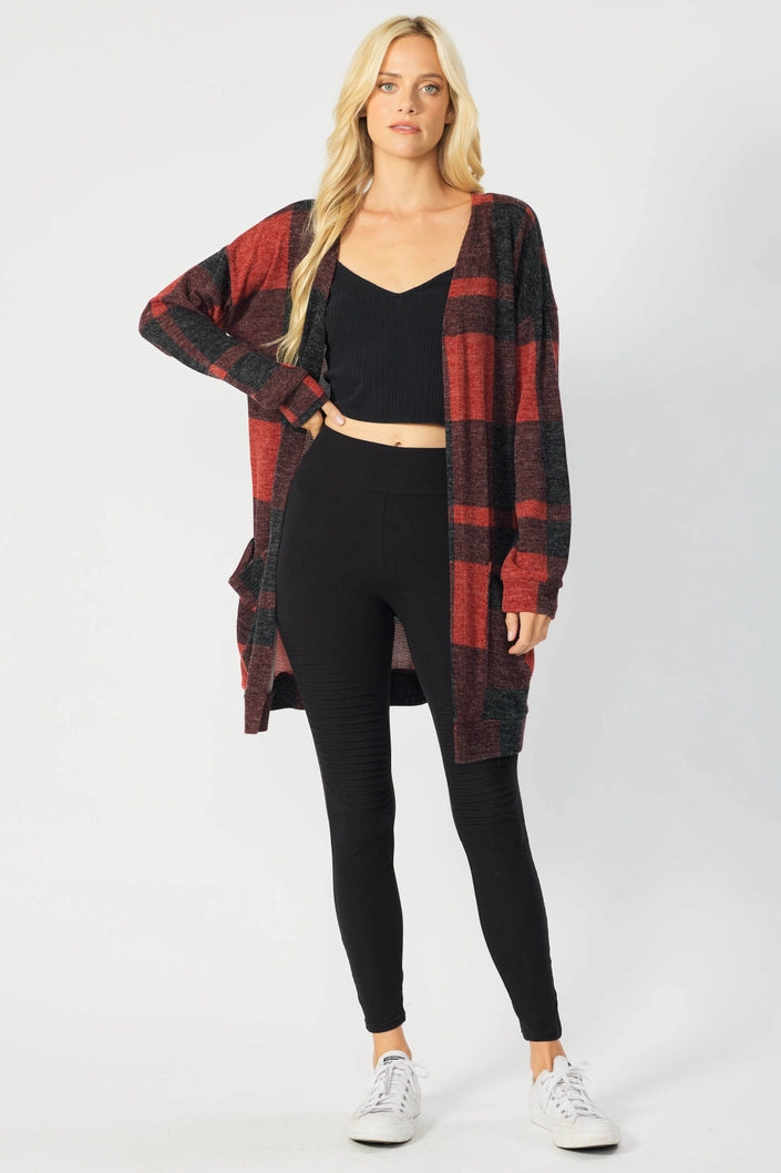 RED PLAID OPEN FRONT LONG CARDIGAN FSLSJ1001