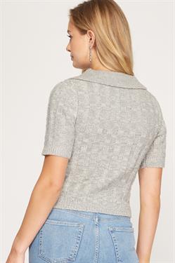 GREY COLLARED SHORT SLEEVES CROPPED KNIT TOP S8SS8236