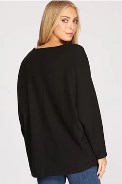 BLACK LONG BATWING SLEEVES THERMAL KNIT TOP S8SY2586A