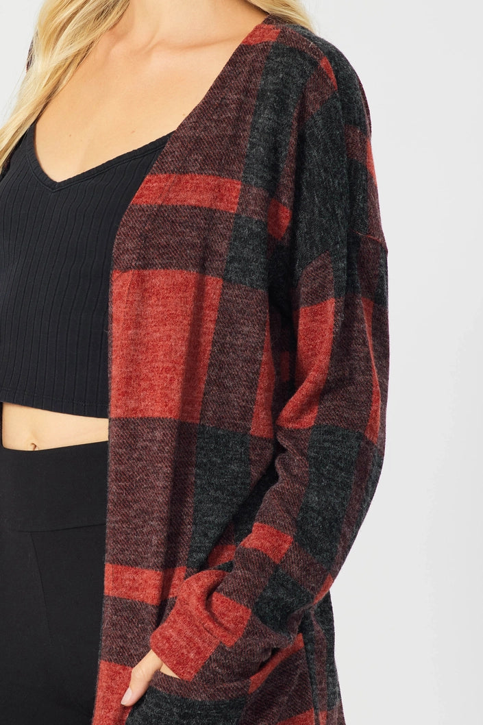 RED PLAID OPEN FRONT LONG CARDIGAN FSLSJ1001