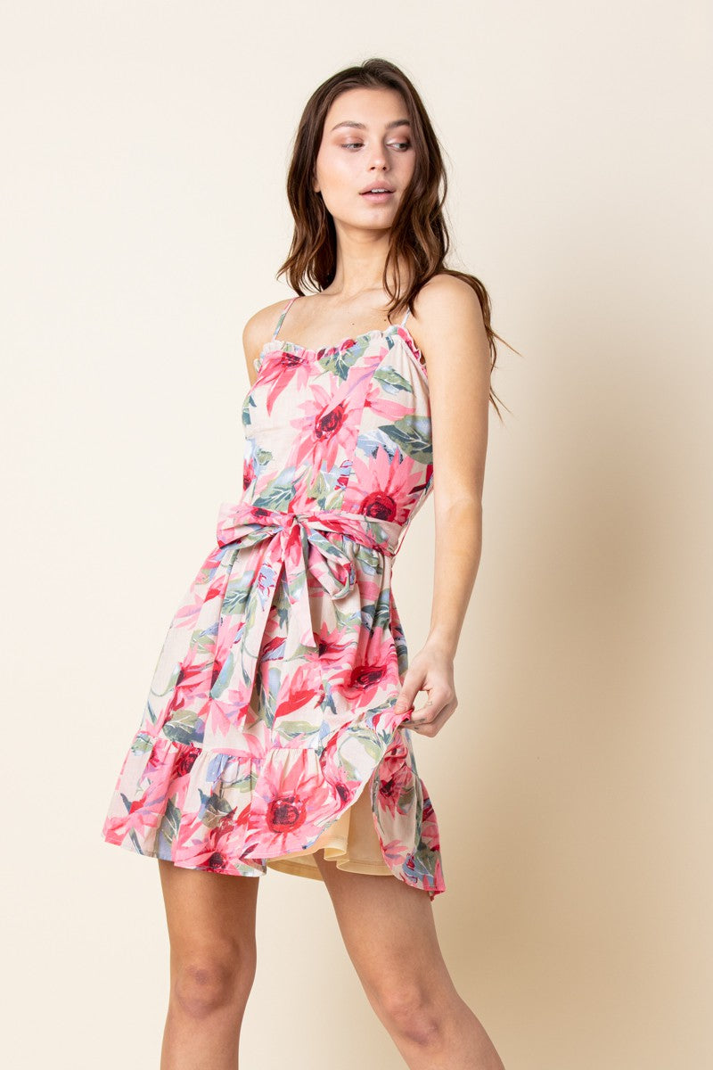 PINK FLORAL SWEETHEART SHIRRED RUFFLED HEM MINI DRESS  MDR8471