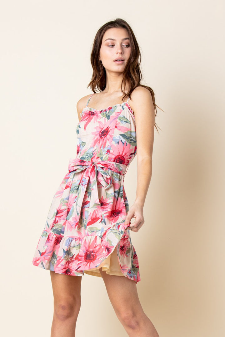 PINK FLORAL SWEETHEART SHIRRED RUFFLED HEM MINI DRESS  MDR8471