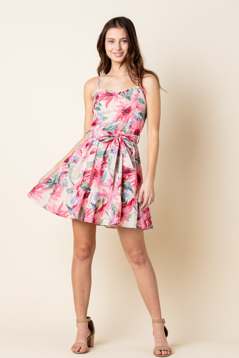 PINK FLORAL SWEETHEART SHIRRED RUFFLED HEM MINI DRESS  MDR8471