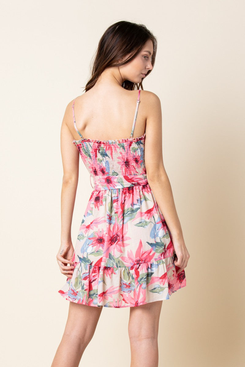 PINK FLORAL SWEETHEART SHIRRED RUFFLED HEM MINI DRESS  MDR8471