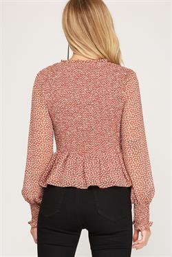 DUSTY ROSE PUFF LONG SLEEVES SMOCKED PEPLUM WOVEN TOP S8SS7548