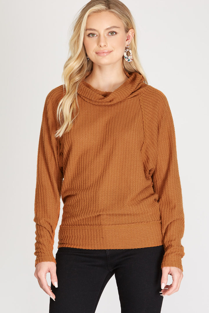 CARAMEL COWL NECK BRUSHED THERMAL KNIT TOP S8SS6886