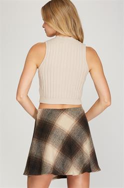 BROWN PLAID WOVEN W/LINING SIDE ZIP MINI SKIRT S8SS8751