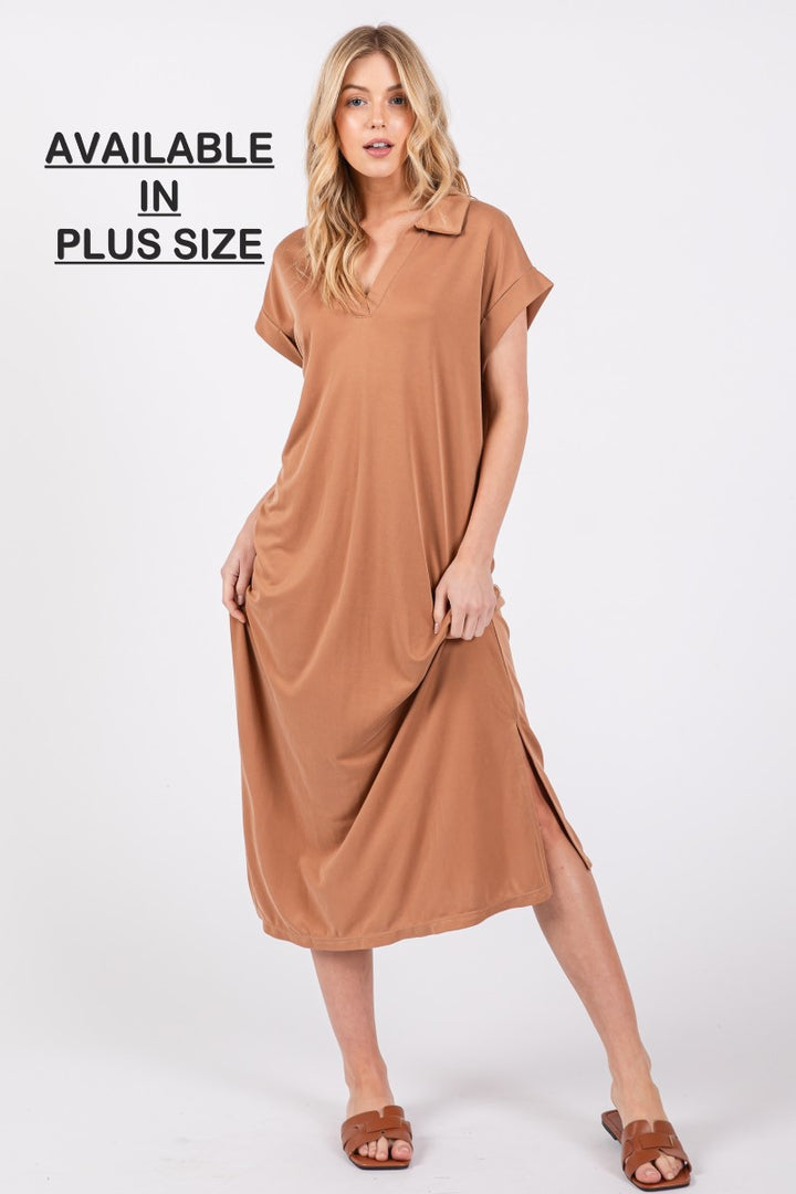 MOCHA COLLARED ROLL-UP SHORT SLEEVES PLUS SIZE MIDI DRESS PDC50716SA