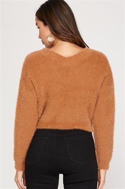 CINNAMON V-NECK FRONT DRAWSTRING DETAIL FUZZY KNIT TOP S5SS6808