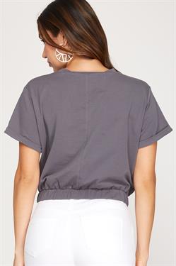 BLUE GREY SHORT SLEEVES ELASTIC WAISTBAND KNIT TOP S5SS7698