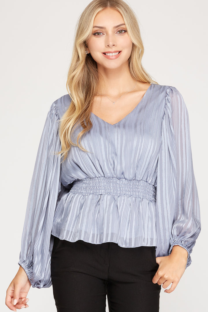 MISTY BLUE STRIPED JACQUARD SMOCKED WOVEN TOP S5SS7908