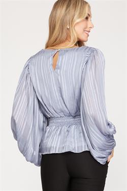 MISTY BLUE STRIPED JACQUARD SMOCKED WOVEN TOP S5SS7908