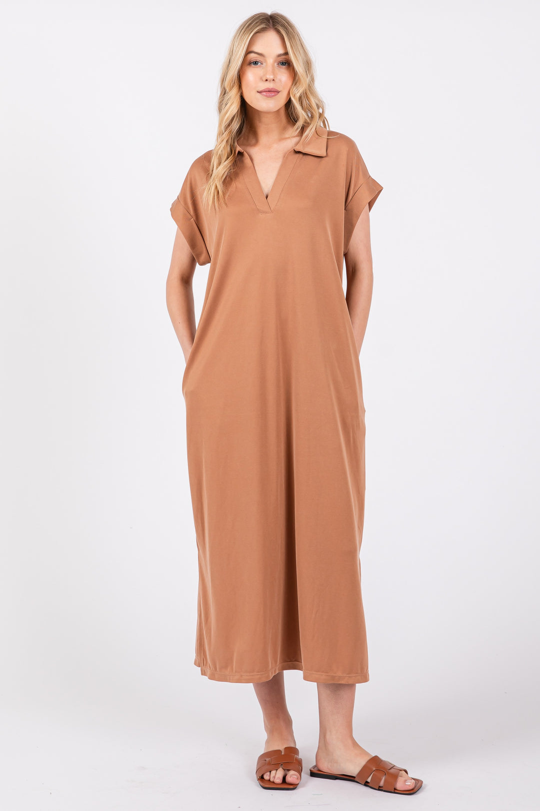 MOCHA COLLARED ROLL-UP SHORT SLEEVES PLUS SIZE MIDI DRESS PDC50716SA