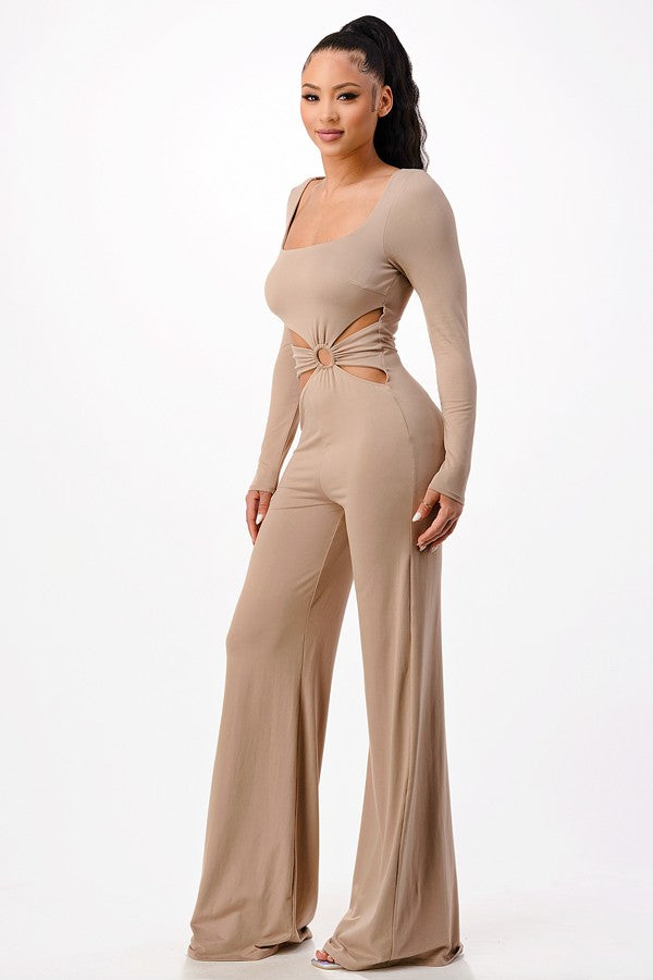 MOCHA SQUARE NECK LONG SLEEVES CUTOUT WAIST JUMPSUIT SP8842J