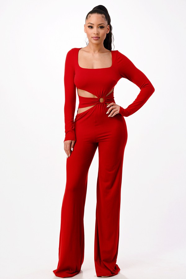 RUST SQUARE NECK LONG SLEEVES CUTOUT WAIST JUMPSUIT SP8842J