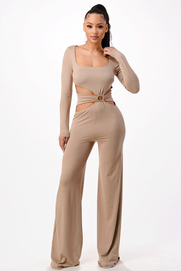 MOCHA SQUARE NECK LONG SLEEVES CUTOUT WAIST JUMPSUIT SP8842J