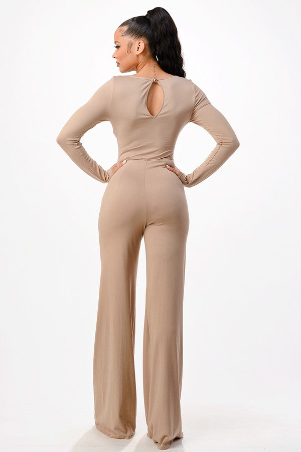 MOCHA SQUARE NECK LONG SLEEVES CUTOUT WAIST JUMPSUIT SP8842J