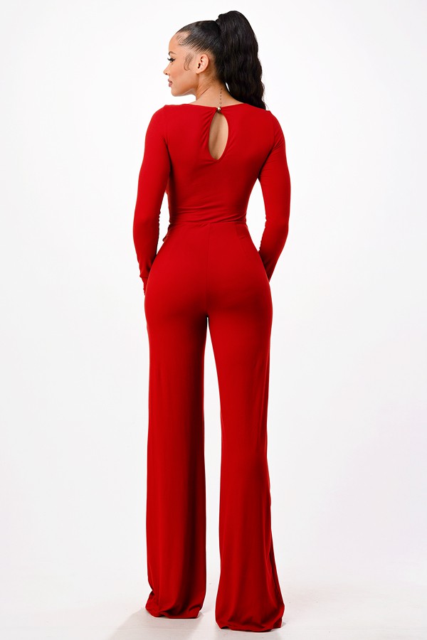 RUST SQUARE NECK LONG SLEEVES CUTOUT WAIST JUMPSUIT SP8842J