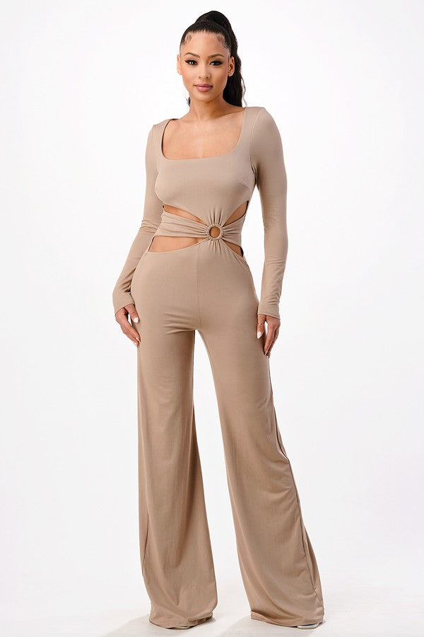 MOCHA SQUARE NECK LONG SLEEVES CUTOUT WAIST JUMPSUIT SP8842J