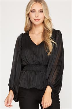 BLACK STRIPED JACQUARD SMOCKED WOVEN TOP S5SS7908