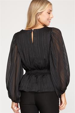 BLACK STRIPED JACQUARD SMOCKED WOVEN TOP S5SS7908