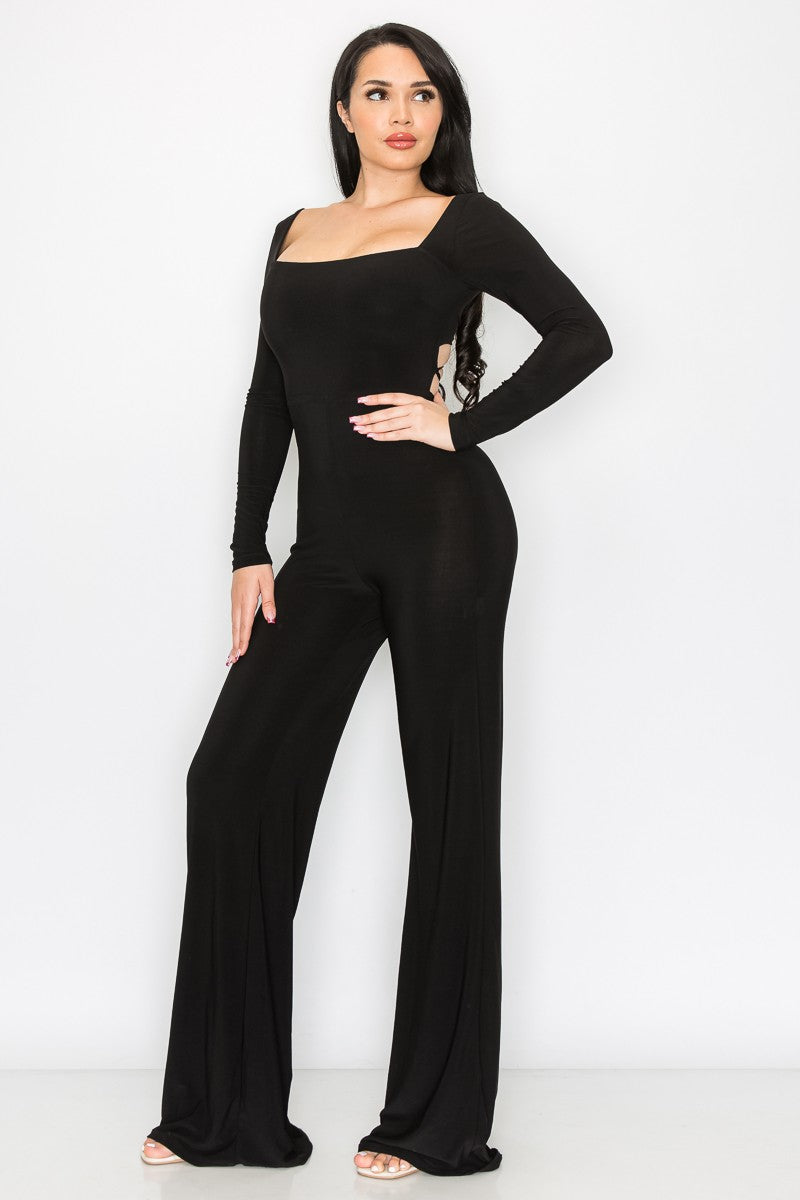 BLACK LONG SLEEVES OPEN BACK STRING JUMPSUIT SP9631J