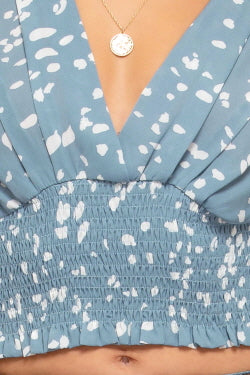 MISTY BLUE PRINTED 3/4 SLEEVES SMOCKED WAISTBAND WOVEN TOP S5SS6486