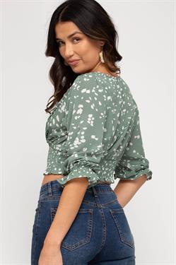 SLATE GREEN PRINTED 3/4 SLEEVES SMOCKED WAISTBAND WOVEN TOP S5SS6486