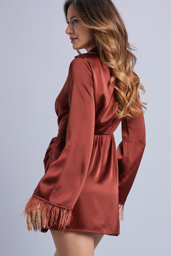 BROWN GREEN FEATHER SLEEVES WRAP MINI DRESS ARD1518