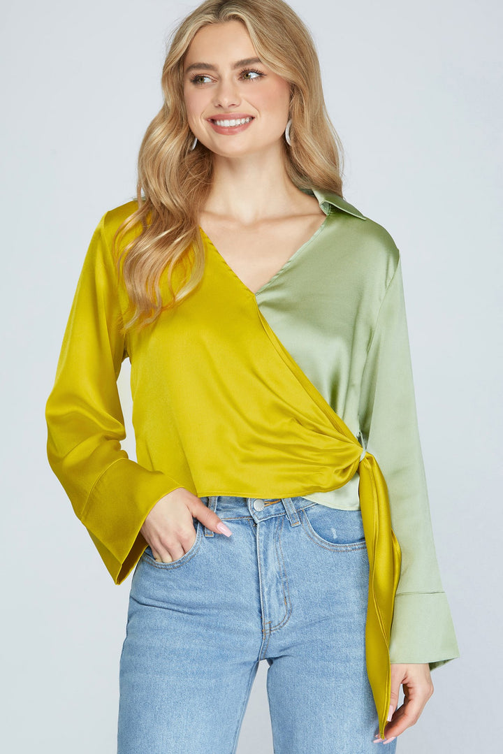 KIWI/SAGE 2-TONE SURPLICE SATIN LONG SLEEVES TOP S5SY3610