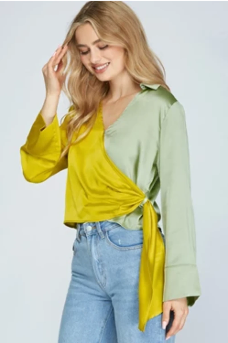 KIWI/SAGE 2-TONE SURPLICE SATIN LONG SLEEVES TOP S5SY3610