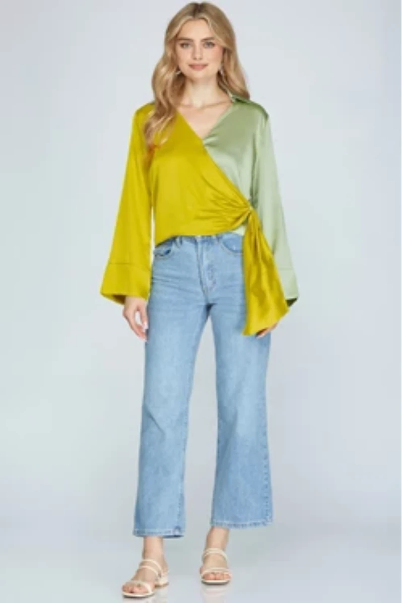 KIWI/SAGE 2-TONE SURPLICE SATIN LONG SLEEVES TOP S5SY3610