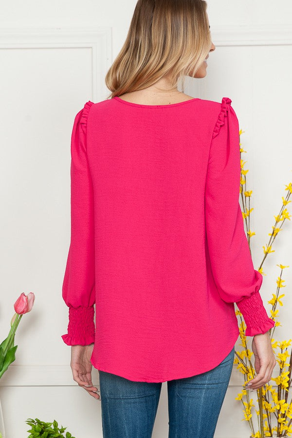 FUCHSIA RUFFLED LONG SLEEVES WOVEN TOP RJW4267-W29