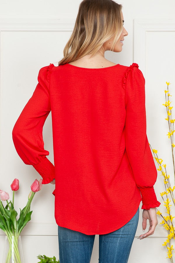 RED RUFFLED LONG SLEEVES WOVEN TOP RJW4267-W29