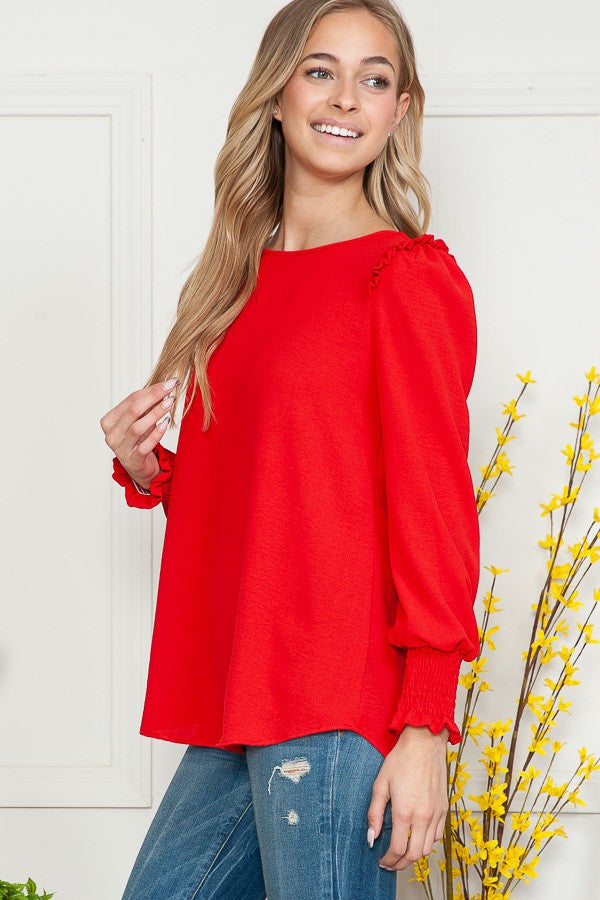 RED RUFFLED LONG SLEEVES WOVEN TOP RJW4267-W29