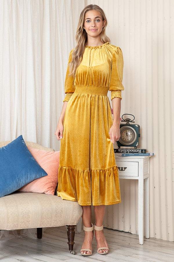 MUSTARD VELVET 3/4 SLEEVES MIDI DRESS RJT4253-V1