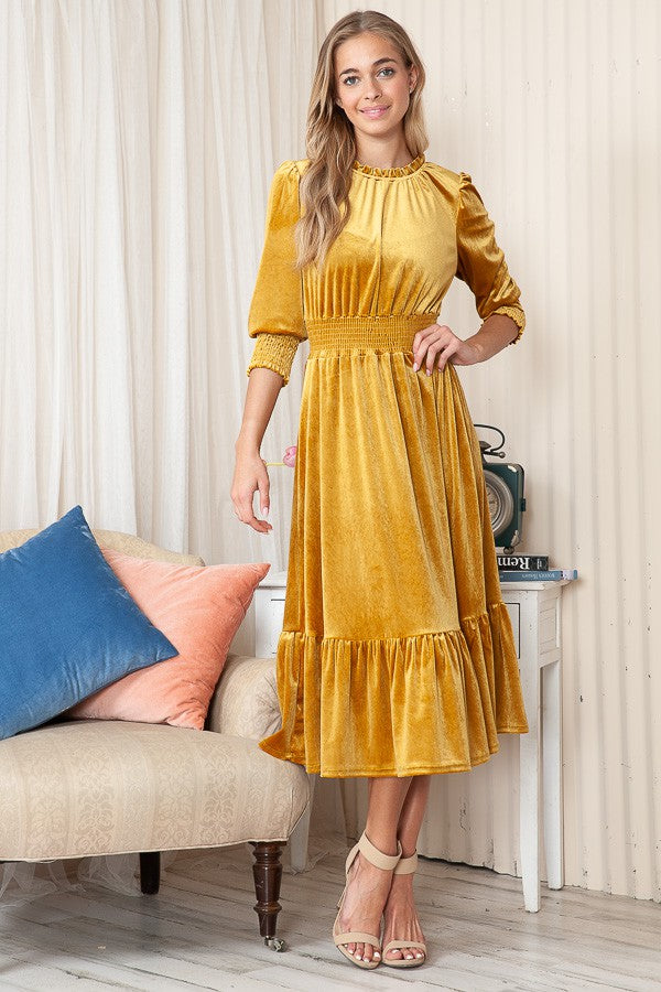 MUSTARD VELVET 3/4 SLEEVES MIDI DRESS RJT4253-V1