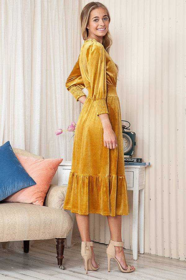 MUSTARD VELVET 3/4 SLEEVES MIDI DRESS RJT4253-V1