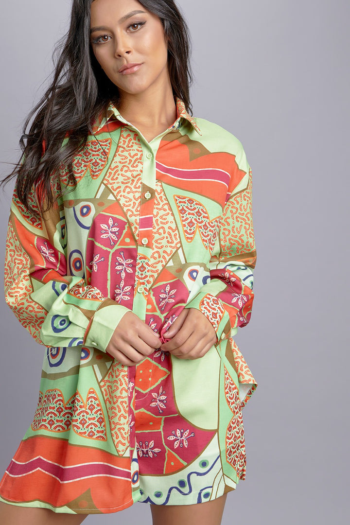 MULTICOLOR ABSTRACT SHIRT AND SHORT SET RRAM661S