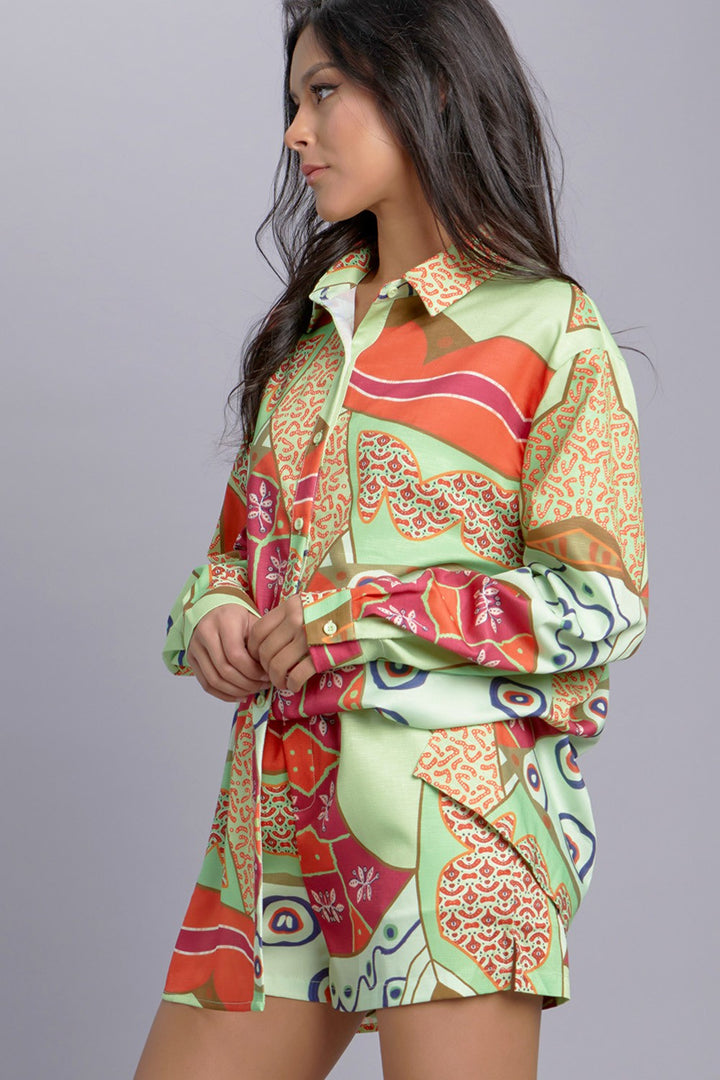 MULTICOLOR ABSTRACT SHIRT AND SHORT SET RRAM661S