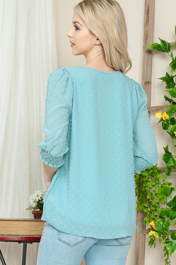 SAGE CHIFFON SWISS DOT 3/4 SLEEVES TOP RJW4276-SW2