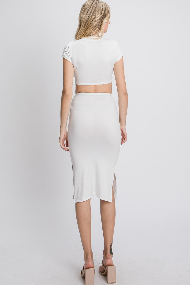 WHITE CROP TOP & SIDE SLIT ELASTIC WAIST SKIRT KNIT SET IN2028M