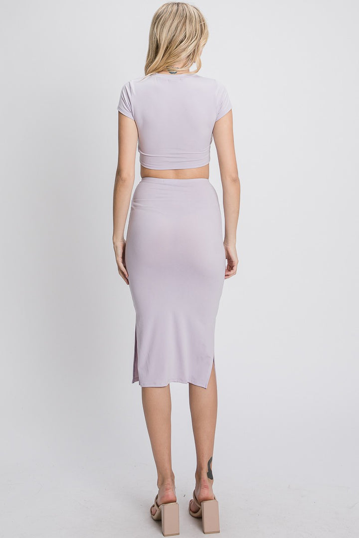 LILAC CROP TOP & SIDE SLIT ELASTIC WAIST SKIRT KNIT SET IN2028M